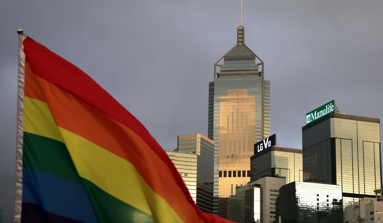 A rainbow flag, a symbol of the LGBT community, in front of the Hong Kong skyline. Photo: AFP