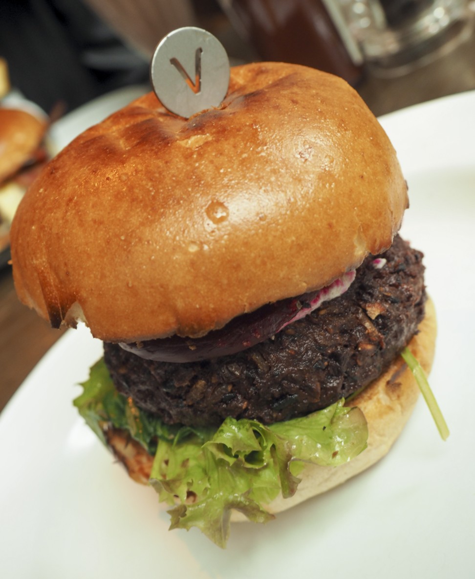 The beetroot burger from Beef & Liberty in Wan Chai: beetroot, brown rice, kidney beans, cumin, coriander, goat’s cheese. Photo: Lauren James