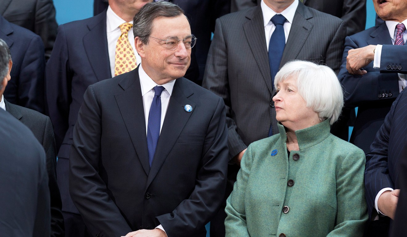 US Federal Reserve chair Janet Yellen and Mario Draghi, president of the European Central Bank, at the IMF/World Bank Spring Meeting in Washington in April, 2014. Neither is in a hurry to raise interest rates. Photo: Reuters