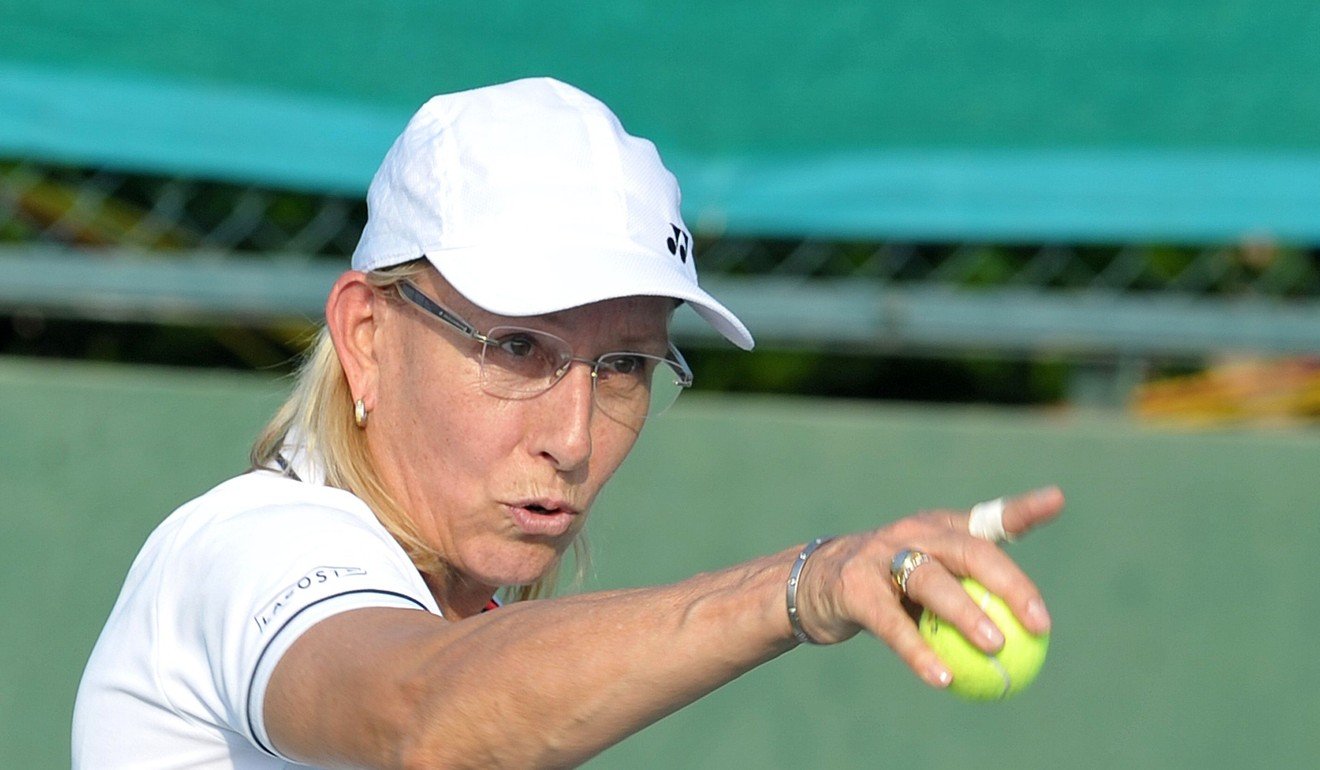 This file photo taken on November 26, 2015 shows former US tennis player Martina Navratilova taking part in a mixed doubles exhibition match during the Tennis Masters Hyderabad 2015 at the Sania Mirza Tennis Academy (SMTA) in Hyderabad. Navratilova slammed 