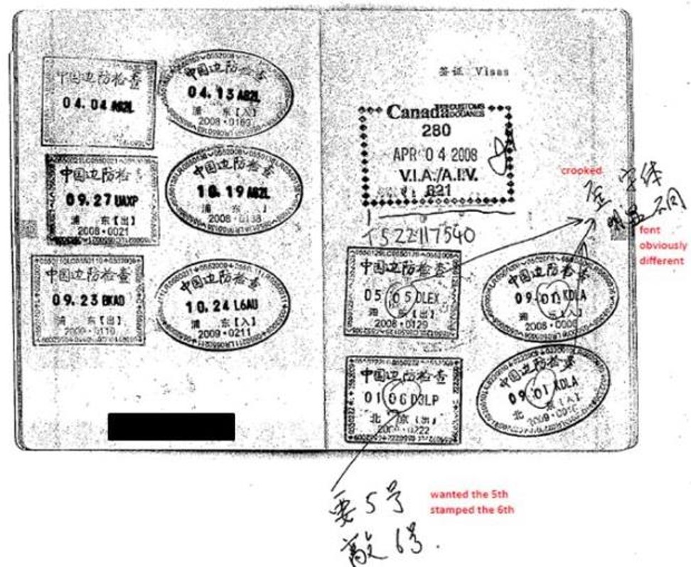 Stamps in a Chinese passport that was doctored by Canadian immigration consultant Xun Wang. Photo: CBSA