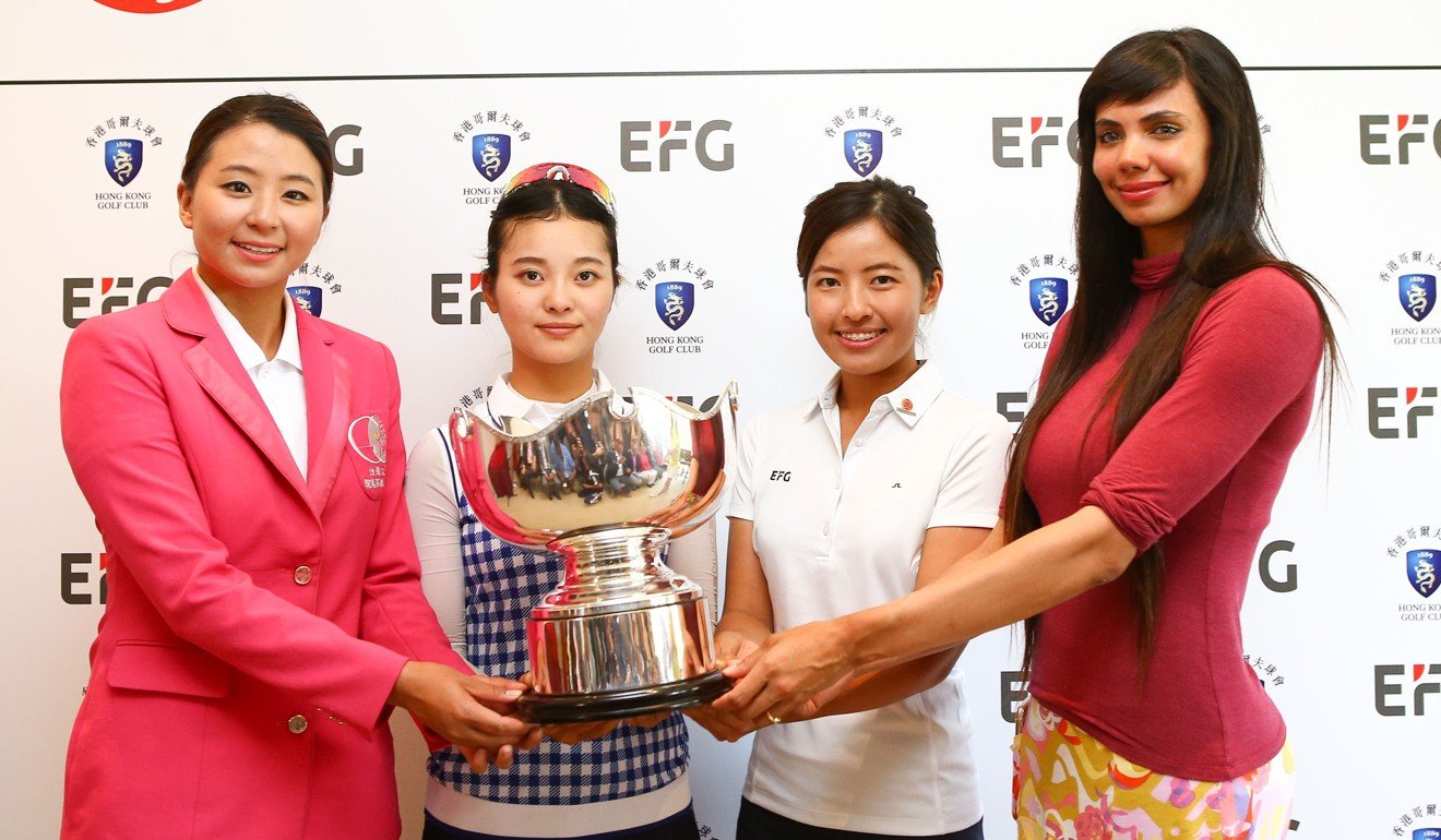 (Left to right) Taiwan’s Kuo Ai-chen, China’s Zhang Weiwei, Hong Kong’s Tiffany Chan and India’s Sharmilla Nicollet with the EFG Hong Kong Ladies Open trophy.