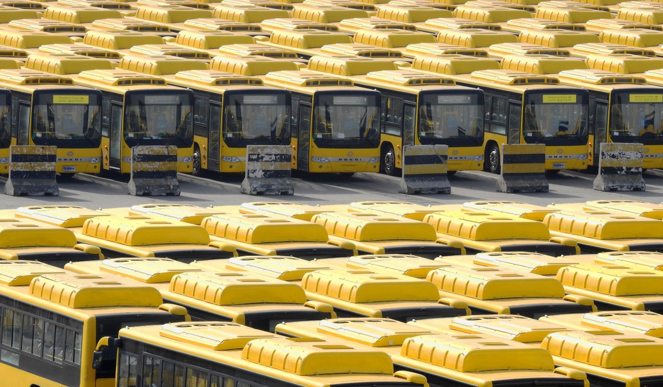 Buses wait to be shipped at a port in Lianyungang, in Jiangsu province. Overproduction has become a problem for China’s economy. Photo: AFP