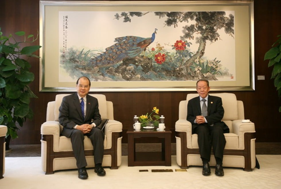 Hong Kong and Macau Affairs Office director Wang Guangya meets Chief Secretary Matthew Cheung in Shenzhen. Photo: Handout