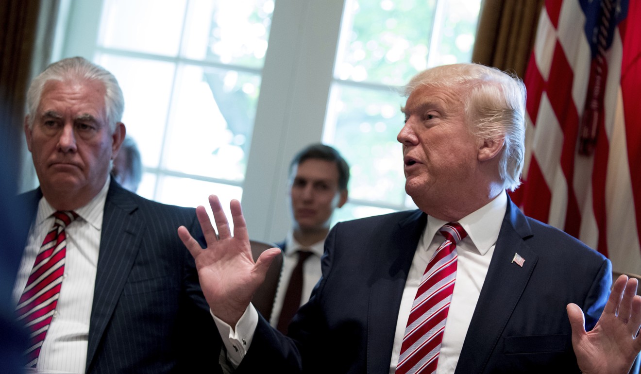 Secretary of State Rex Tillerson, White House Senior Adviser Jared Kushner and President Donald Trump. Photo: AP