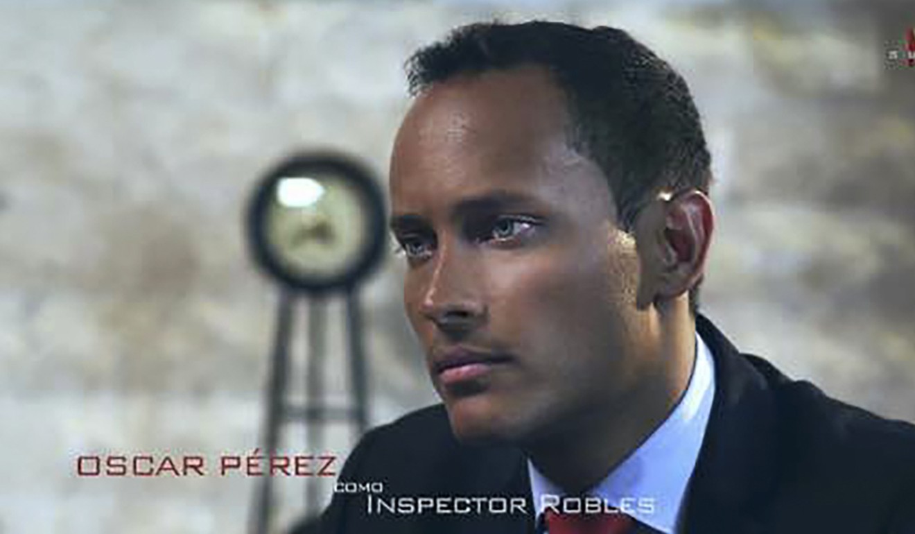 A movie still released by OR producciones cine y TV shows Oscar Perez in a scene from the 2015 movie “Suspended Death”. Photo: AFP