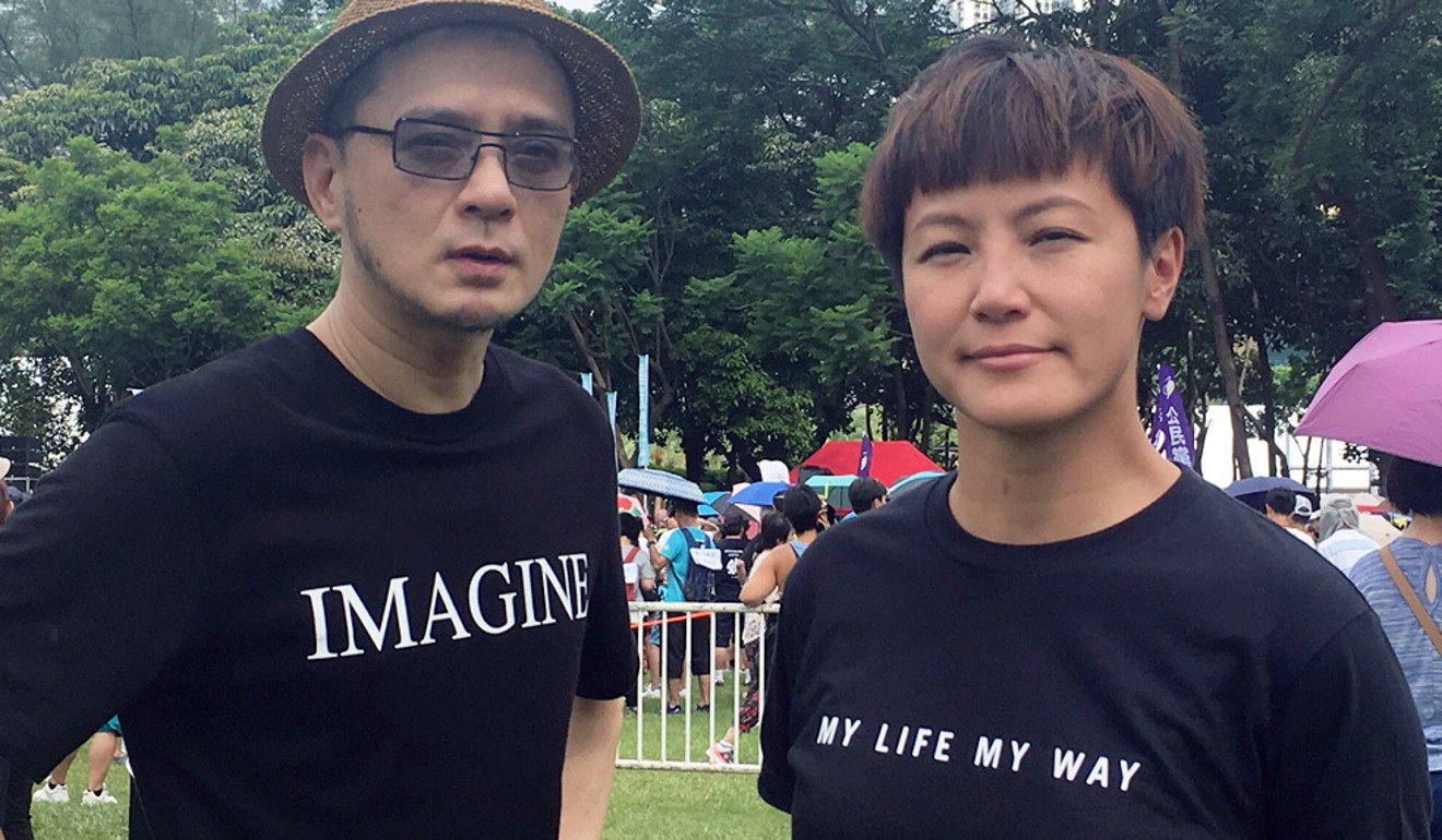 Singers Anthony Wong and Denise Ho at the march. Photo: Jane Li