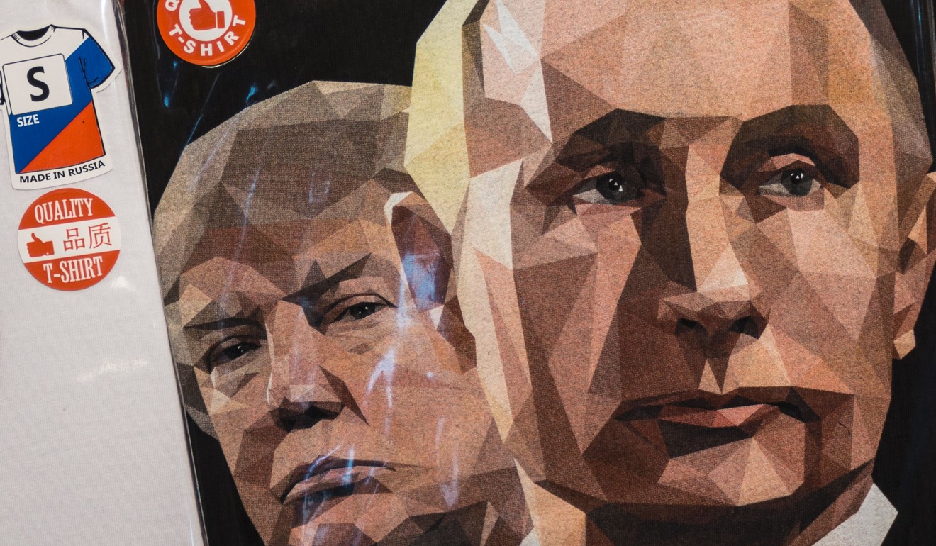 A picture taken on June 27 shows a T-shirt featuring US President Donald Trump and Russian President Vladimir Putin on sale at a souvenir shop in Saint Petersburg. Photo: AFP