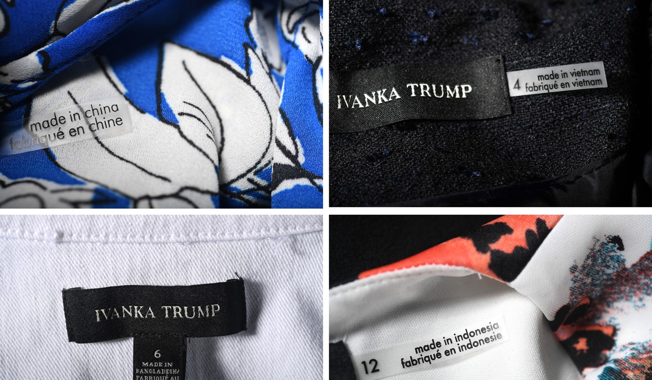 Among the current items in Ivanka Trump's line are (clockwise from top left) a blouse made in China, a suit jacket made in Vietnam, a dress made in Indonesia and a denim jacket made in Bangladesh. Washington Post photo by Matt McClain