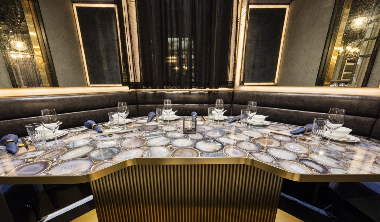 The gorgeous table top in a private dining room at Mott 32 in Vancouver.