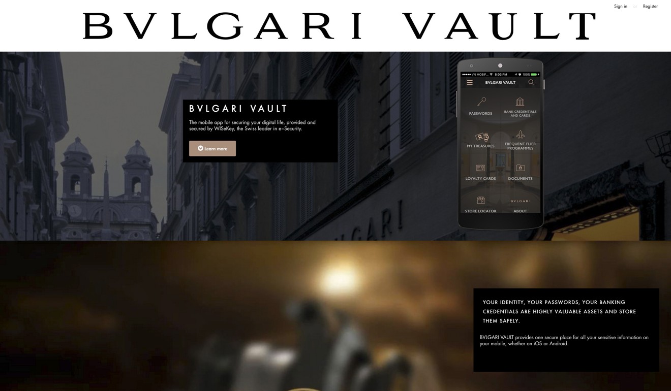 WISeKey claims that encryption on Bulgari’s Vault app during internet data transfer attains a level of security achieved by government agencies. Photo: Bulgari