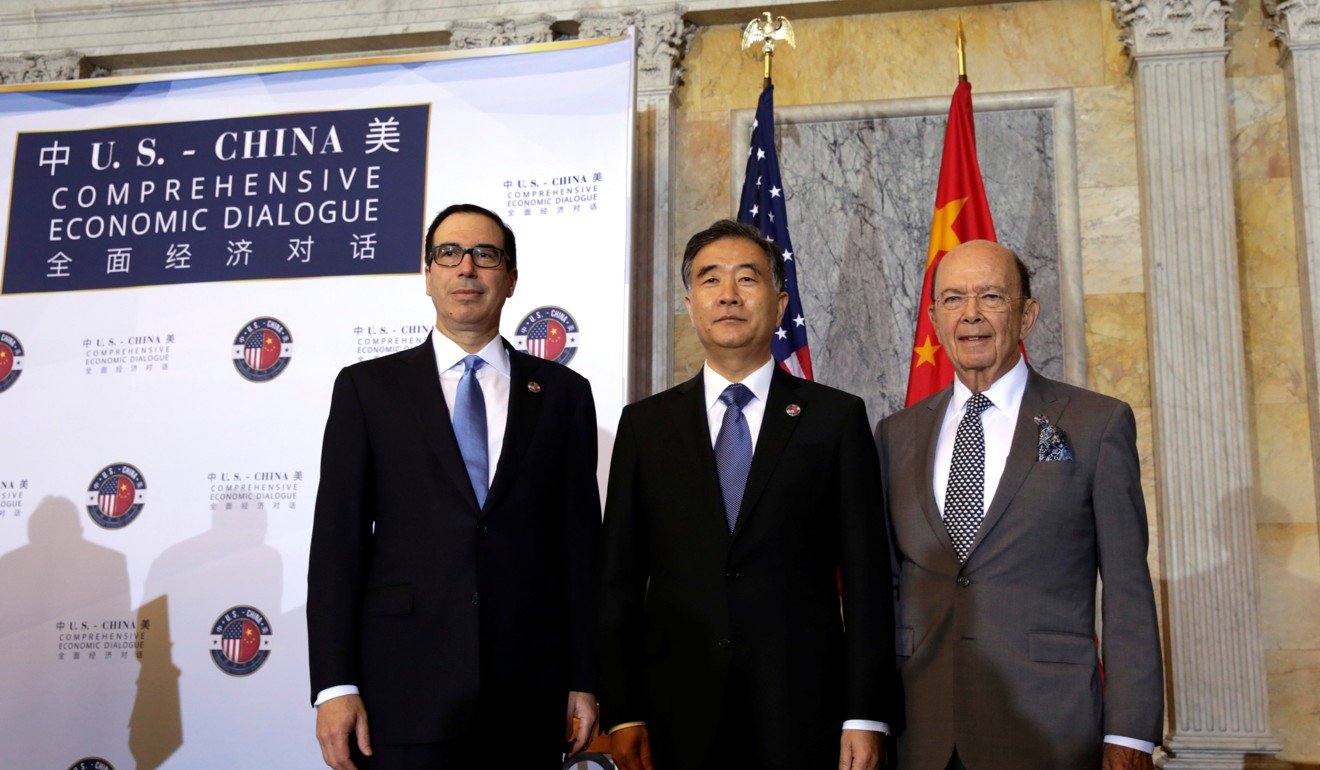 US Treasury Secretary Steve Mnuchin. left, US Commerce Secretary Wilbur Ross, right, and Chinese Vice Premier Wang Yang gather for a photo before the US- China Comprehensive Economic Dialogue to discuss bilateral economic and trade issues got under way in Washington. Photo: Reuters