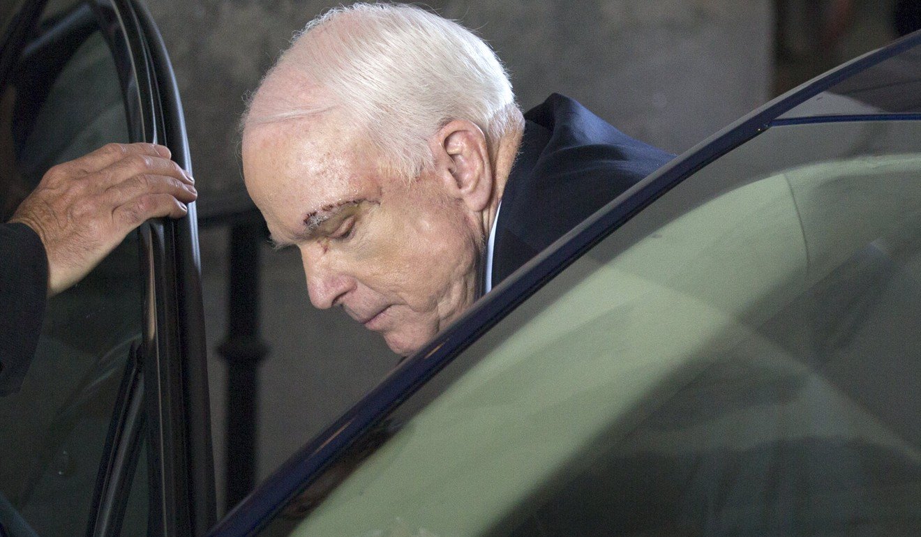 US Republican Senator from Arizona John McCain enters a vehicle at the Carriage entrance after the Senate passed the motion to proceed on President Trump's effort to repeal and replace Obamacare. McCain, who has been diagnosed with brain cancer, was critical in passing the motion to proceed. Photo: EPA
