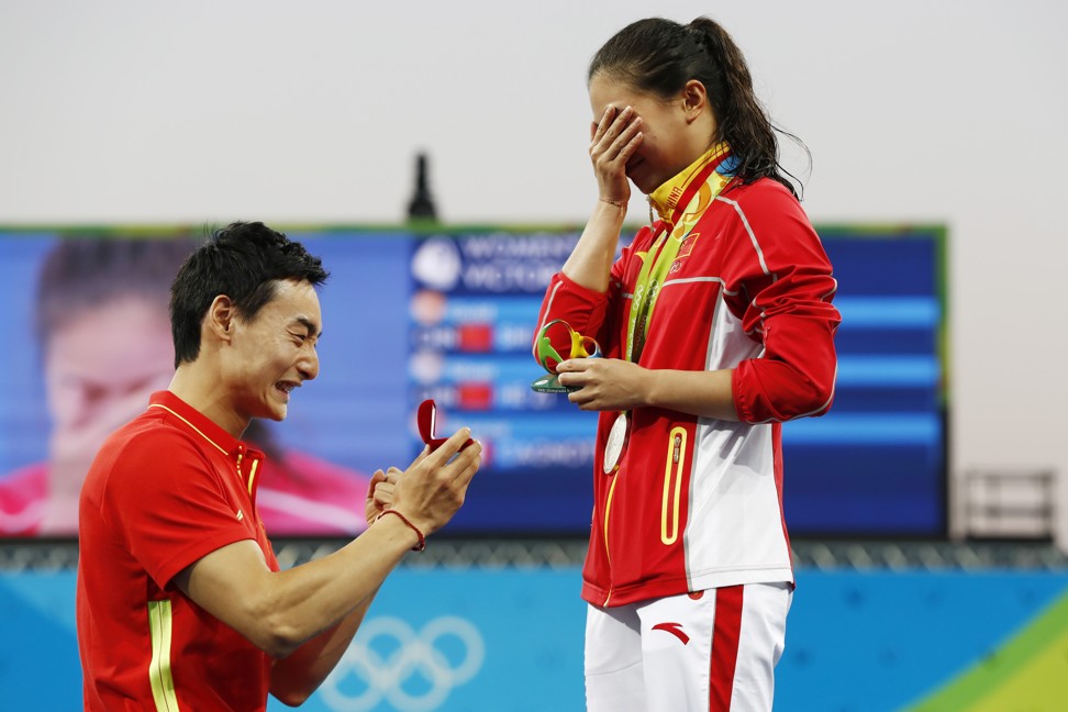 He claimed a silver medal in Rio but captured the hearts of a nation when she accepted a wedding proposal from her fiance fellow diver Qin Kai in the Brazilian city. Photo: Xinhua