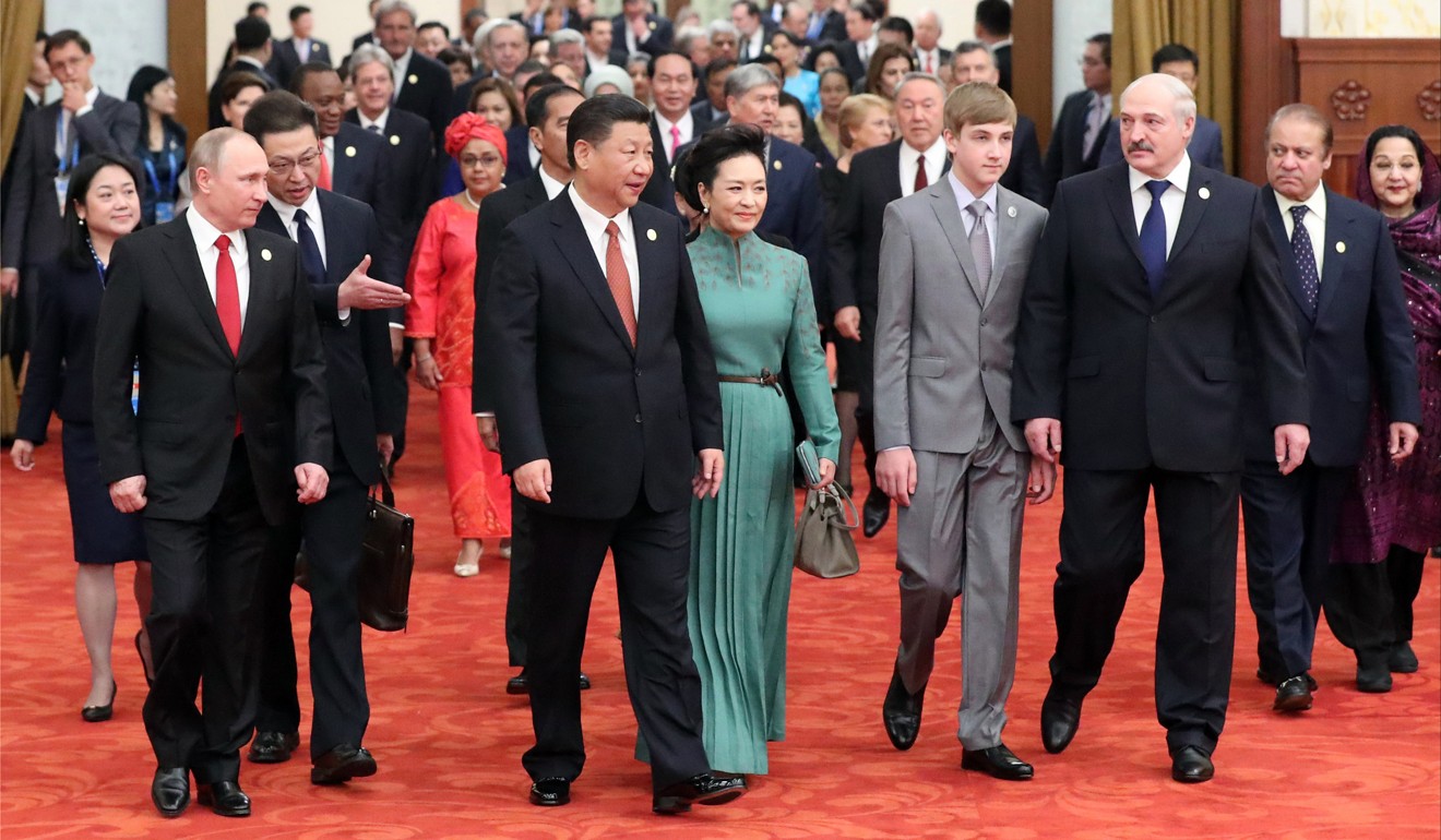 President Xi Jinping and his wife Peng Liyuan, with Asian and European guests to the Belt and Road Forum, arrive for a welcome banquet in Beijing on May 14. Photo: Xinhua
