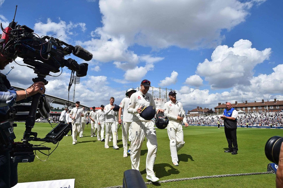 England captain Joe Root leads his men off the field following their third test victory. Photo: AFP