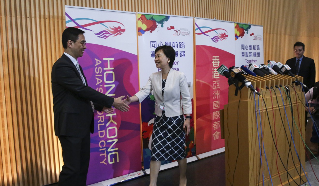 Education minister Kevin Yeung (left) meets his new undersecretary Christine Choi on Wednesday. Photo: Sam Tsang