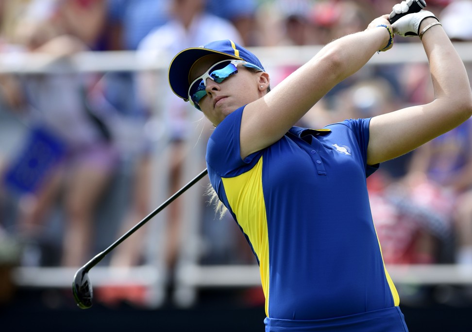 Europe golfer Jodi Ewart Shadoff tees off on the first hole in the final round of The Solheim Cup. Photo: USA Today