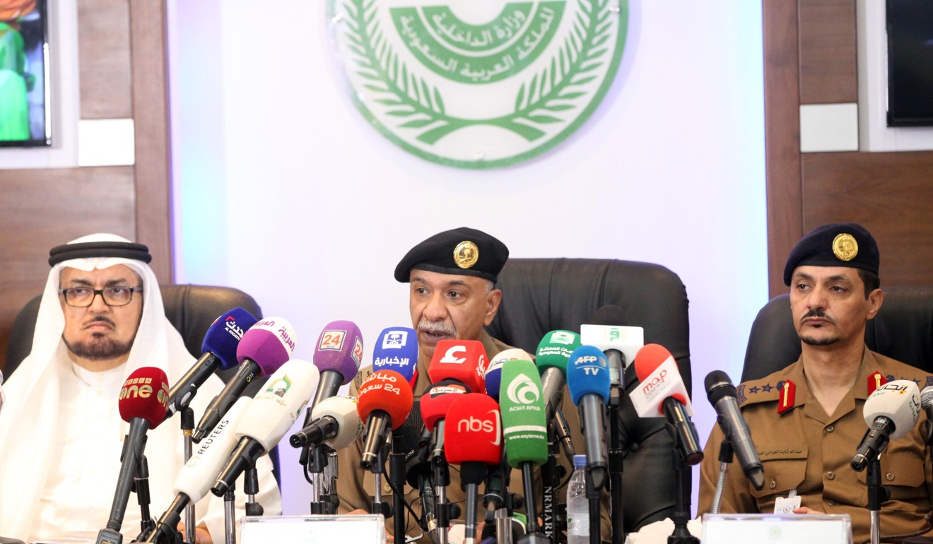 Saudi Interior Ministry's spokesman Mansur al-Turki (C) speaks during a press conference in Mina near the holy city of Mecca on August 29, 2017 outlining security measures to protect pilgrims during the annual haj. Photo: AFP