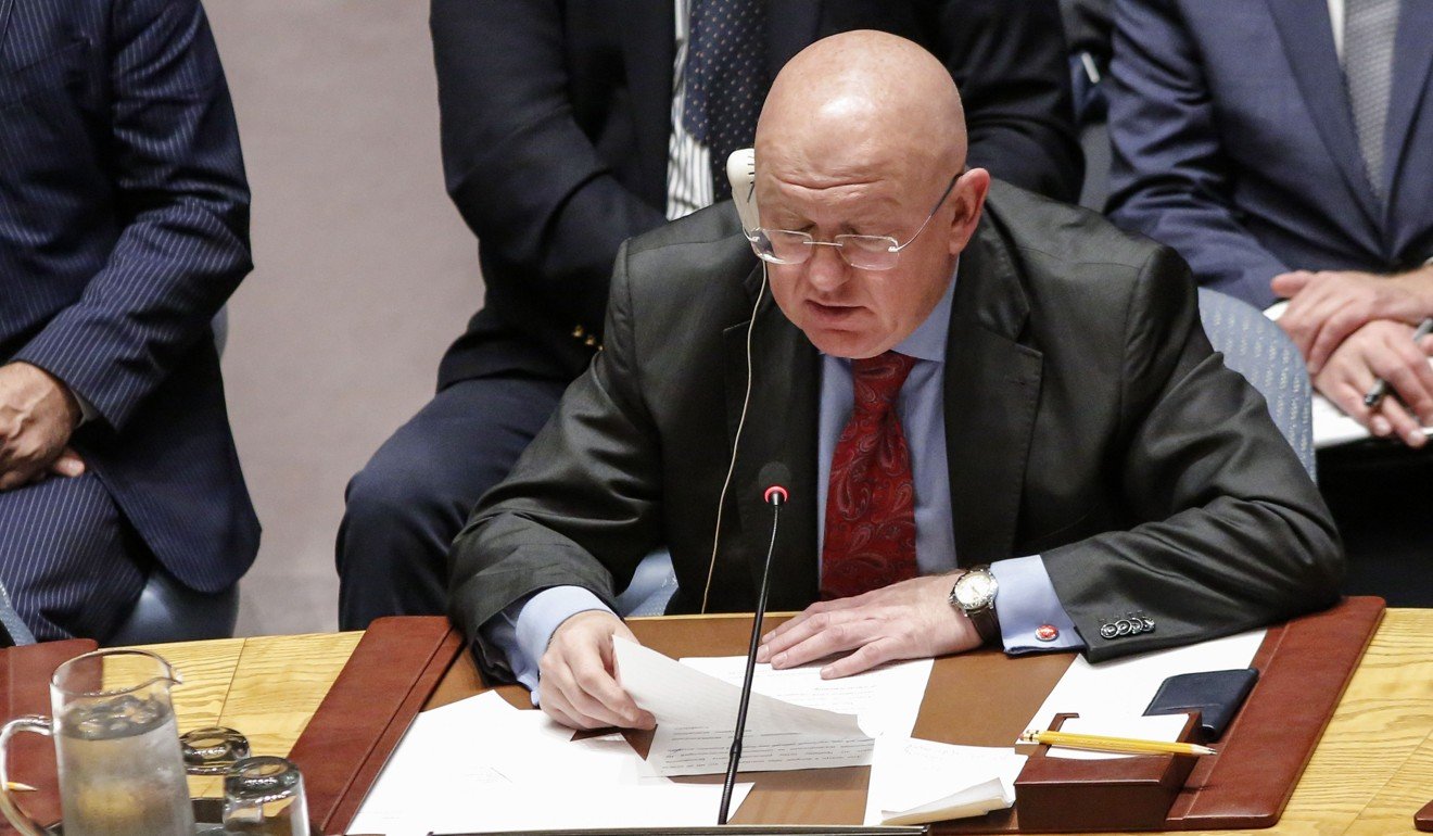 Russian Ambassador to the UN Vasily Nebenzya speaks at a UN Security Council emergency meeting. Photo: AFP