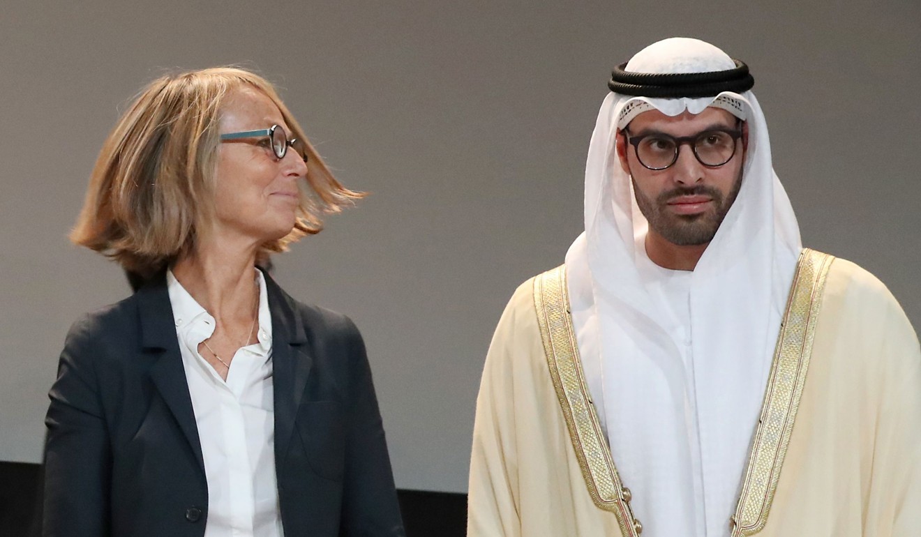 French Minister of Culture Francoise Nyssen and the chairman of the Abu Dhabi Tourism and Cultural Authority, Mohamed Khalifa al-Mubarak at the announcement of the Louvre Abu Dhabi’s opening. Photo: AFP