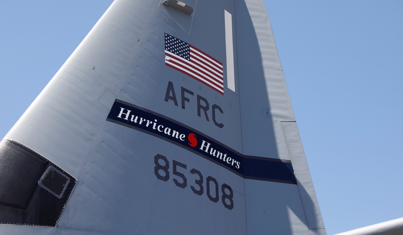 A tail of the WC-130J Super Hercules from the Air Force's 53rd Weather Reconnaissance Squadron bears the name ‘Hurricane Hunters’. Photo: Reuters
