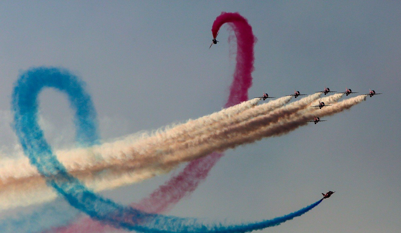 The Red Arrows aerobatic team from Britain performs during Athens Flying Week on September 17, 2017. Photo: AFP