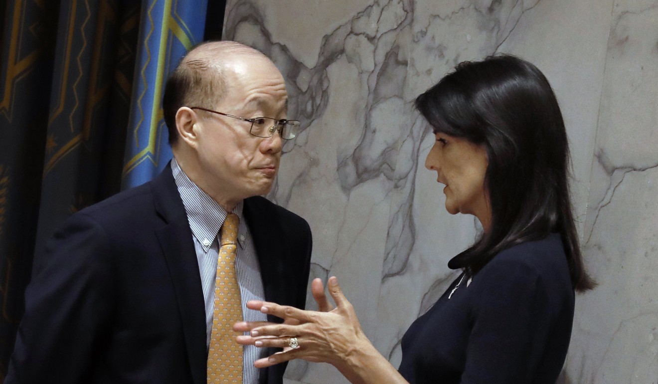 US Ambassador to the UN Nikki Haley speaks to UN Chinese Ambassador Liu Jieyi before a Security Council meeting on the situation in North Korea, at the UN headquarters in New York on September 4. Photo: EPA-EFE