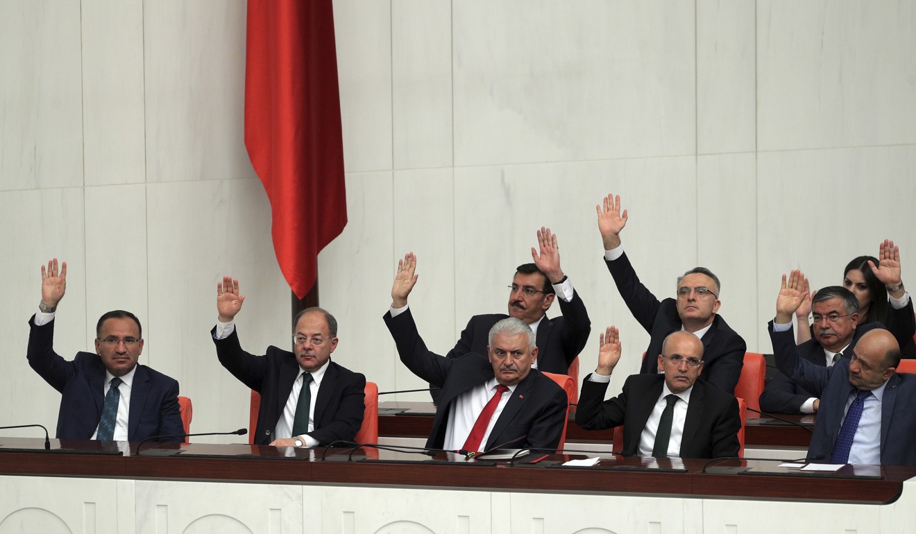 Turkey's Prime Minister Binali Yildirim and his deputies vote to extend the country’s military intervention in Iraq and Syria. Photo: AP