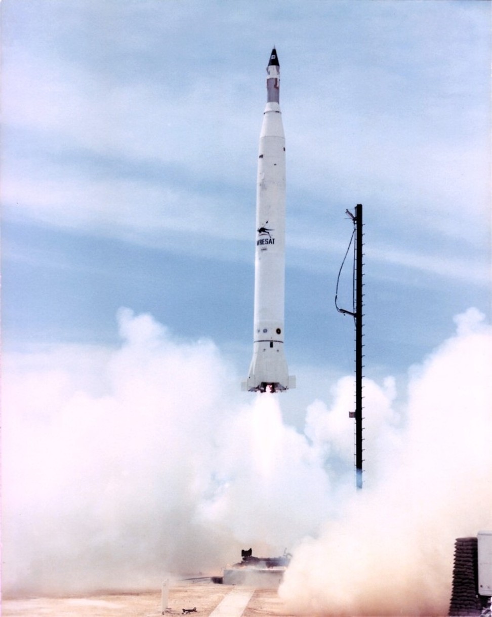 The rocket carrying Australia's first satellite, the WRESAT, takes flight from the Woomera missile-testing base on November 29, 1967. Photo: Australian Department of Defence
