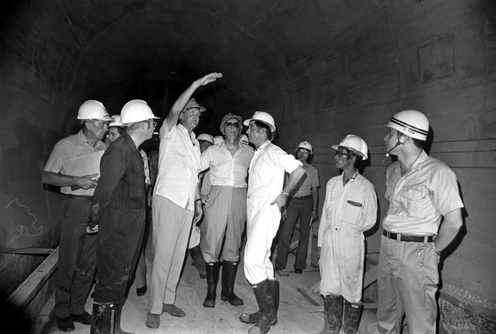 Governor Sir Murray MacLehose (third from left) at an underground construction site of the MTR, on August 8, 1977.