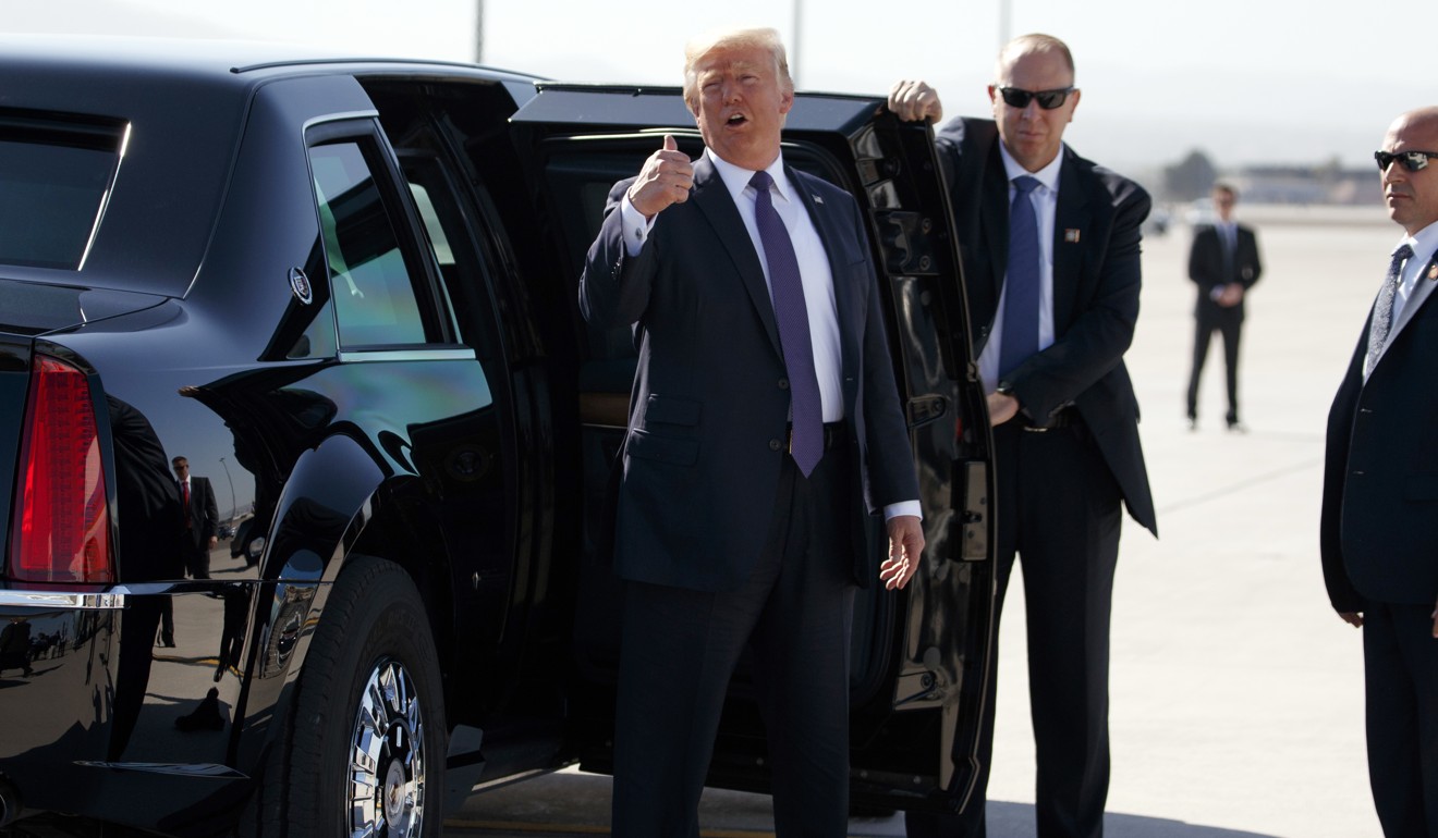 President Donald Trump arrives in Las Vegas to meet victims and first responders of the mass shooting. Photo: AP