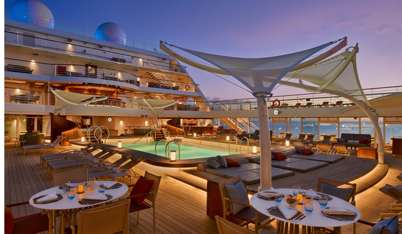 Seabourne Encore cruise ship's pool deck.