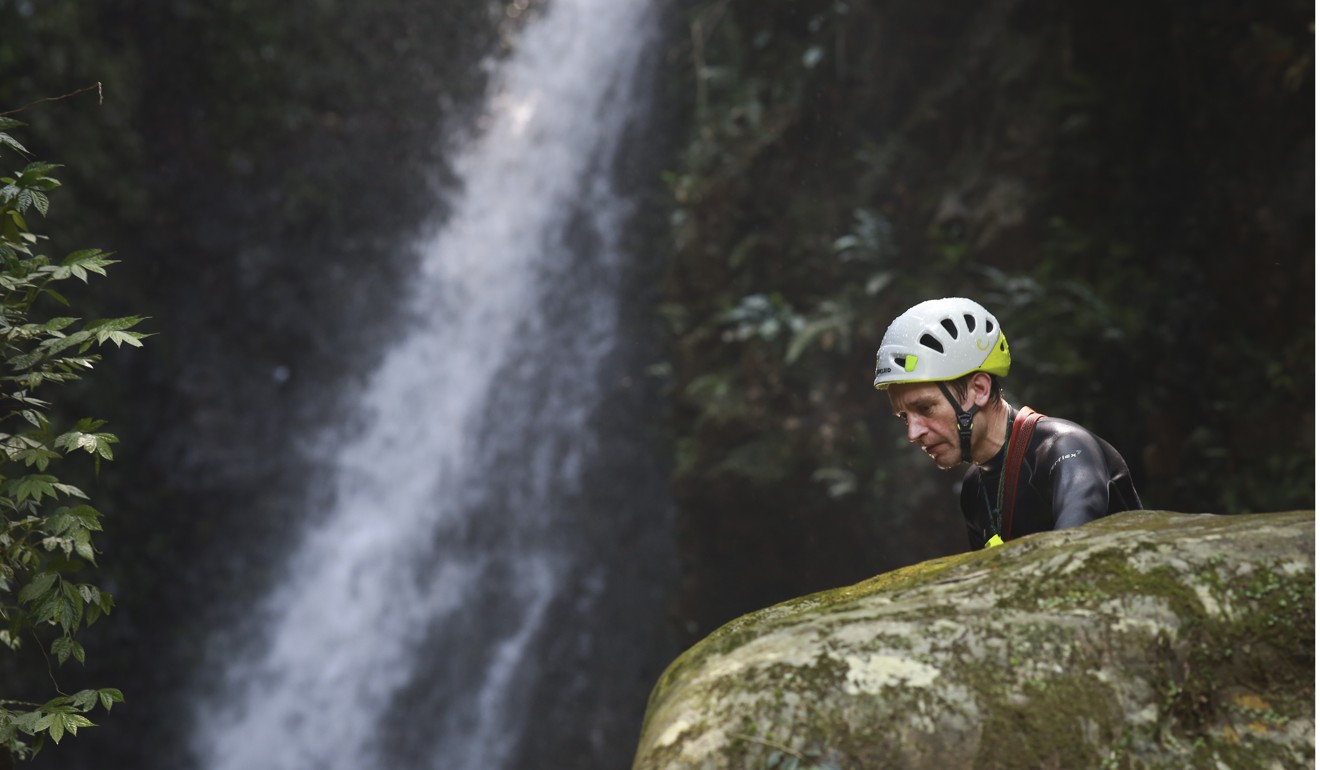 Colin Tait stream trekking on the way up to a waterfall in the New Territories. Photo: James Wendlinger