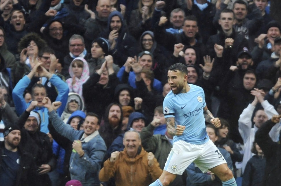 Manchester City’s Nicolas Otamendi celebrates after scoring his side’s second goal. Photo: AP