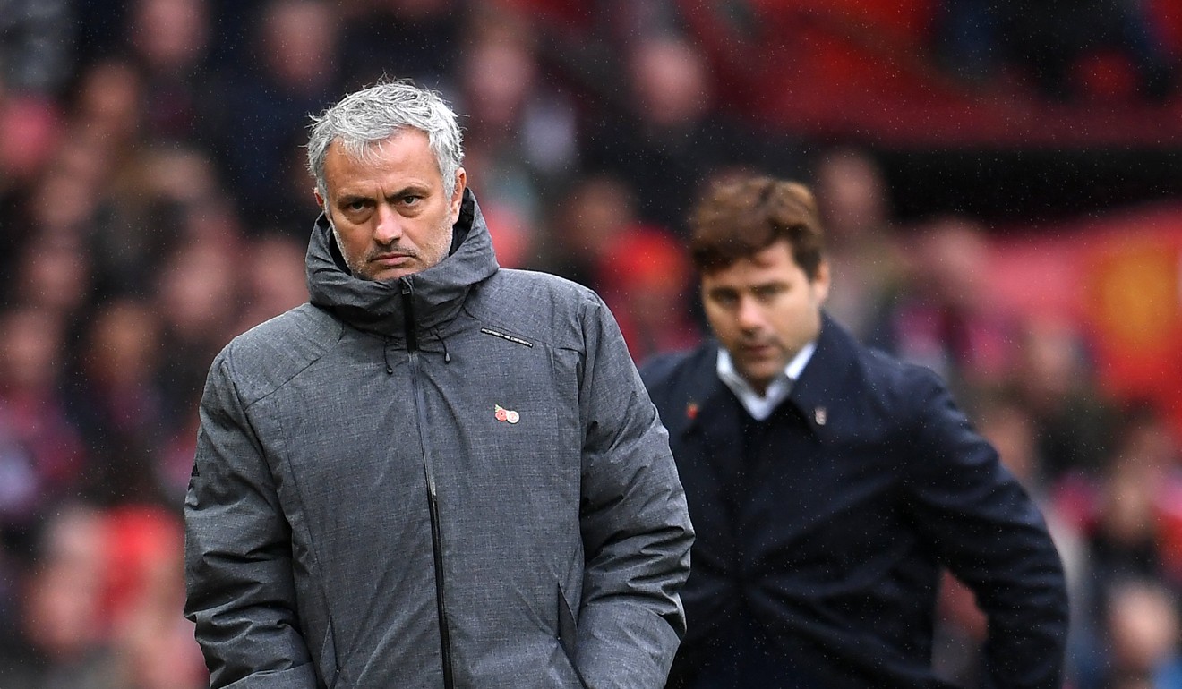 United manager Jose Mourinho and Tottenham manager Mauricio Pochettino during the game at Old Trafford. Photo: EPA