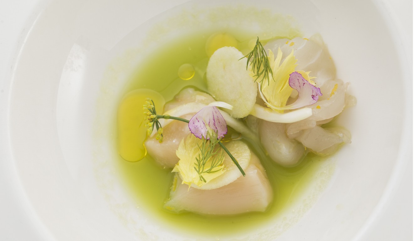 Sugizaki’s cold dish of cured sea bass and scallop with yuzu, fresh celery soup, apple and fennel.
