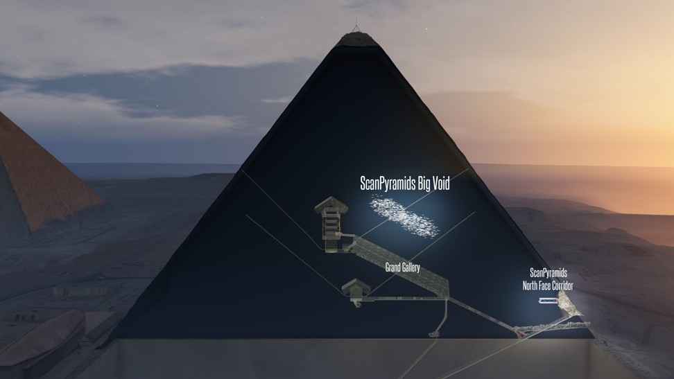 A 3D artistic view made by the ScanPyramids mission showing a hidden chamber in Khufu’s Pyramid. Photo: AFP