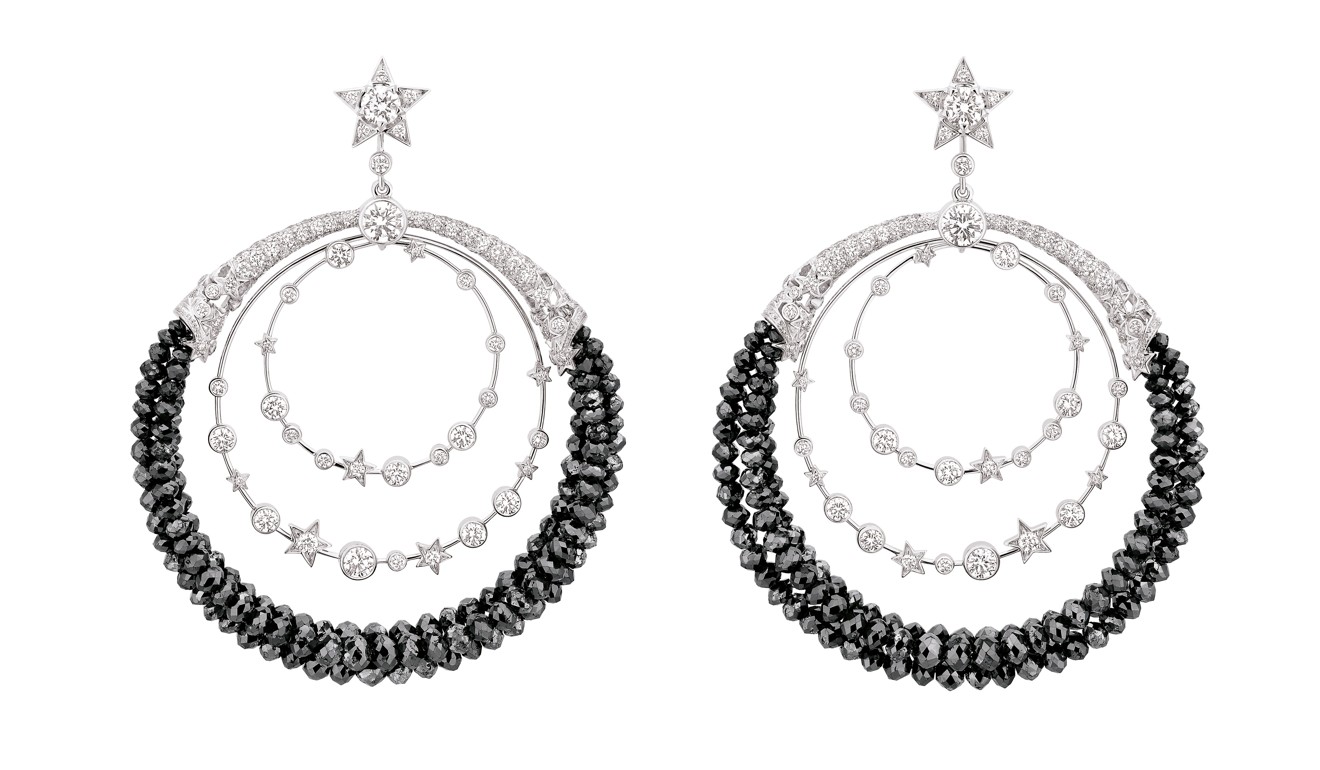 The ‘1932’ Collection commemorates the 80th anniversary of Bijoux de Diamants collection by Gabrielle Chanel with Nuit de Diamants hoops in 18ct white gold, set with white and black diamonds. Photo: Chanel Fine Jewelry