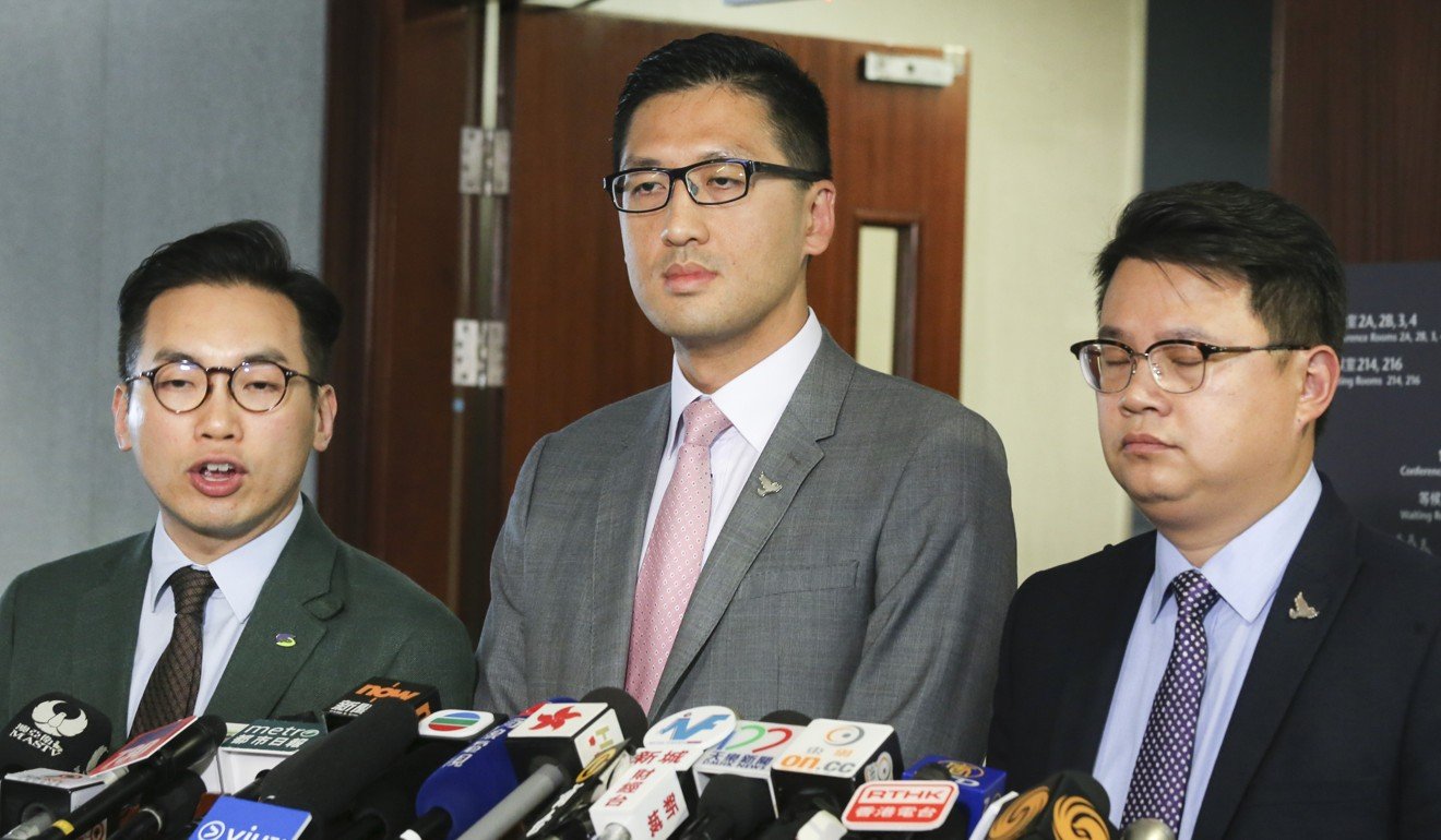 (Left to right) Pan-democratic lawmakers Alvin Yeung Ngok-kiu; Lam Cheuk-ting; and Andrew Wan Siu-kin at Tamar. Photo: Dickson Lee