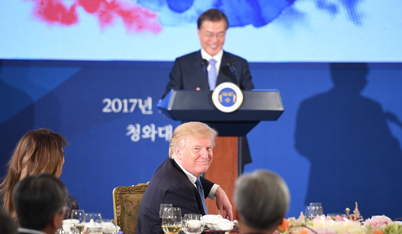The prawns served to US President Donald Trump (front centre) during a state dinner at the presidential Blue House in Seoul on Tuesday sparked a diplomatic row between South Korea and Japan. Photo: AFP