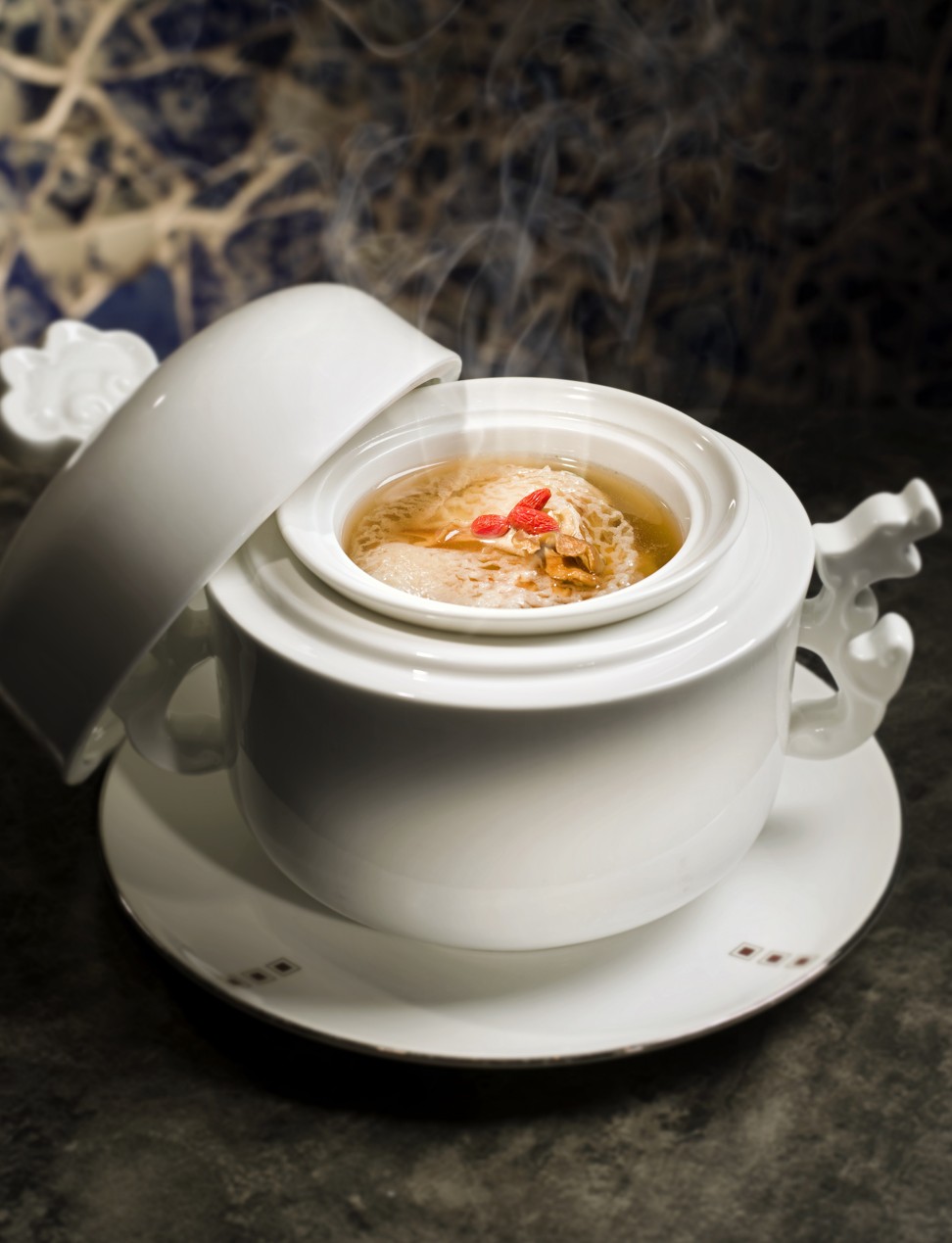 Double-boiled bamboo piths with maitake mushroom and Chinese herbs at Lai Heen, in the Ritz-Carlton, Macau.