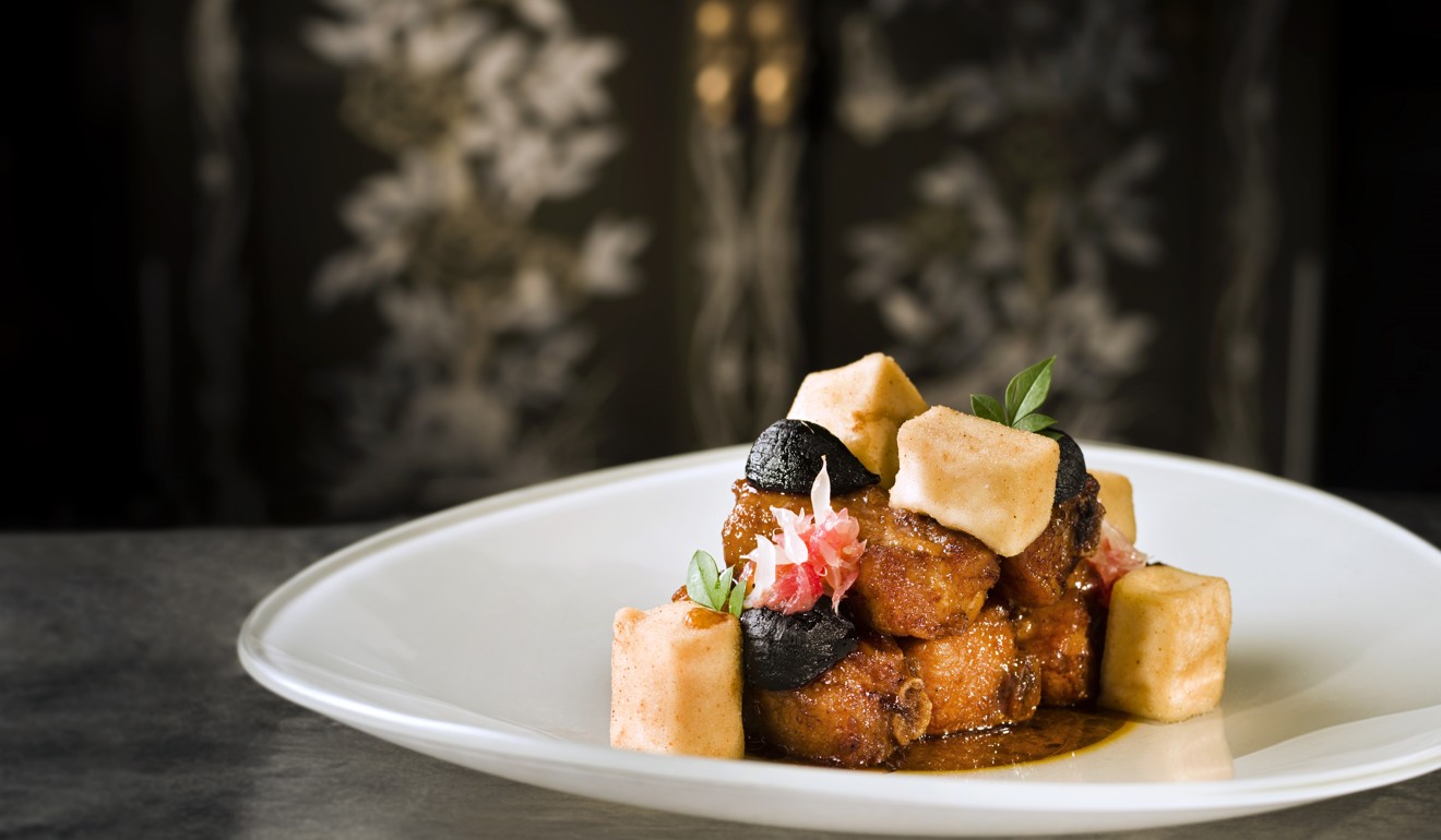 Braised pork ribs with preserved garlic in vintage vinegar and pomelo Sauce at Lai Heen, in the Ritz-Carlton, Macau.