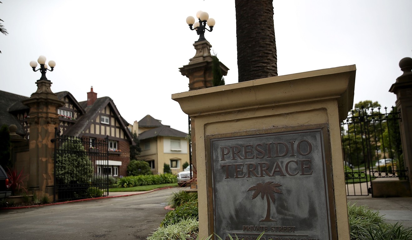A sign is posted at the entrance to Presidio Terrace in San Francisco, California. Photo: Agence France-Presse