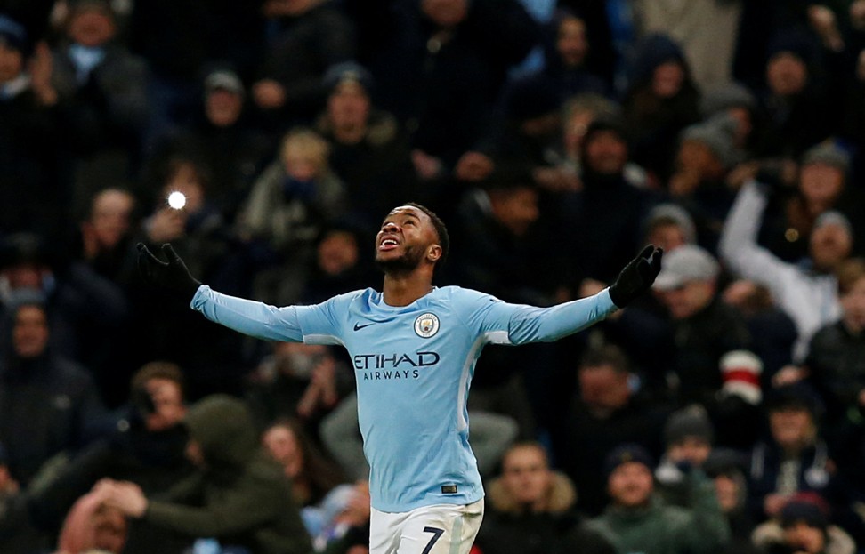 Manchester City’s Raheem Sterling celebrates scoring their winning goal. Photo: Reuters
