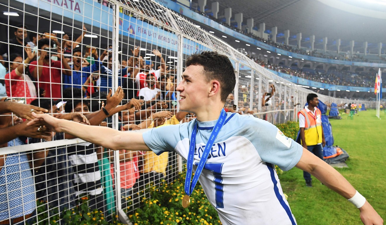 England midfielder Phil Foden greets local fans after his team’s 5-2 win over Spain in the Fifa under-17 World Cup final, at the Salt Lake Stadium in Calcutta on October 28. Photo: AFP