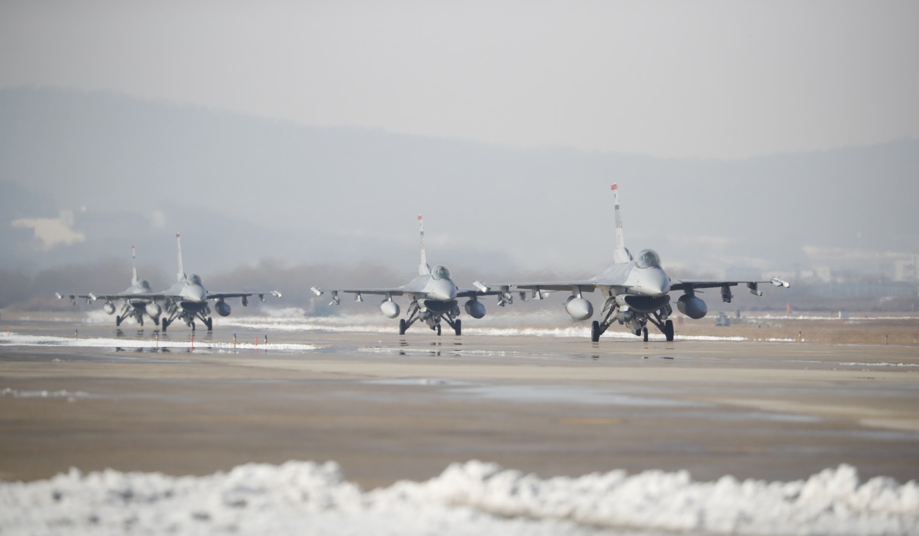 US fighter jets take part in aerial drills at the Osan Air Base in Pyeongtaek, South Korea. Photo: AFP