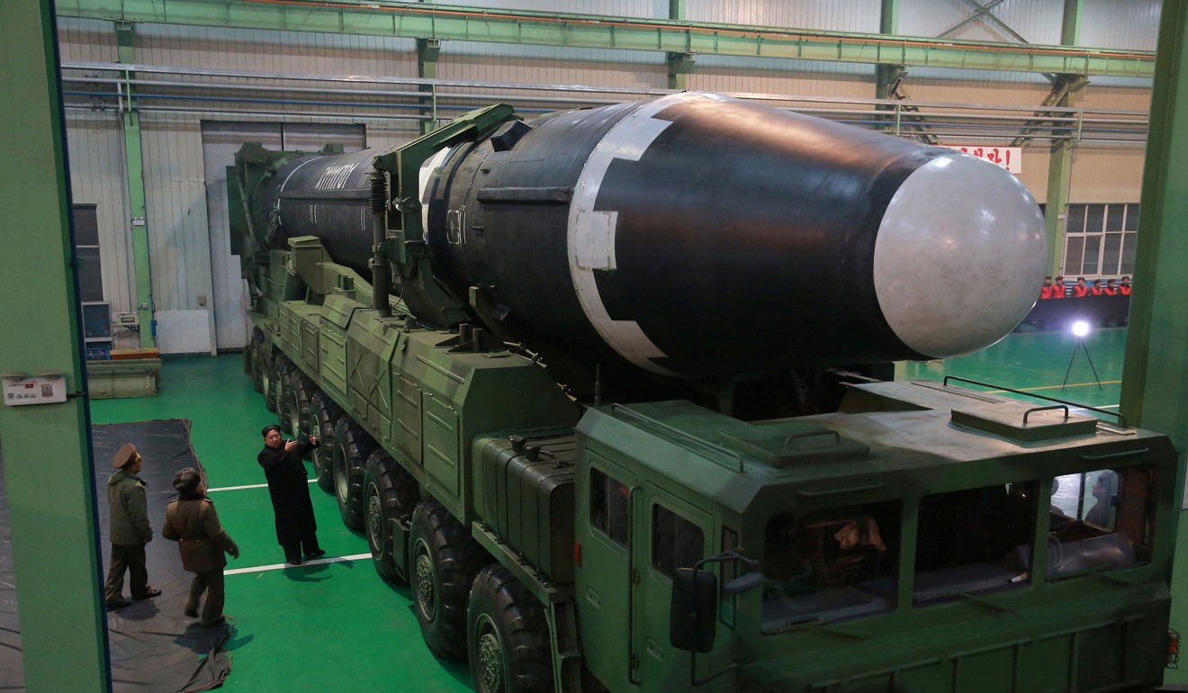 North Korean leader Kim Jong-un inspects a newly developed intercontinental ballistic missile. Photo: Reuters