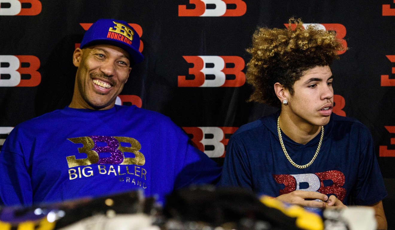 LaVar Ball (left) and LaMelo Ball at a promotional event in Hong Kong. Photo: AFP