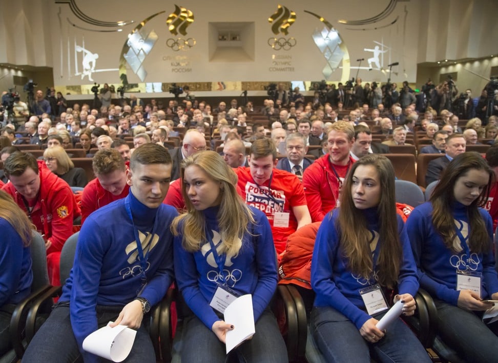 Athletes attend the Russian Olympic committee meeting in Moscow. Photo: AP
